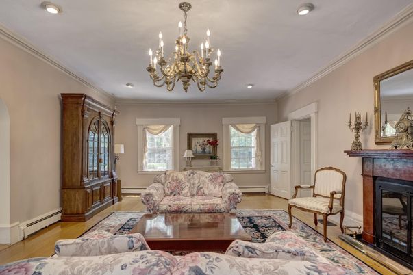 Chandelier, Fireplace, Interior, Living room, Recessed Lighting, Wood Texture Flooring