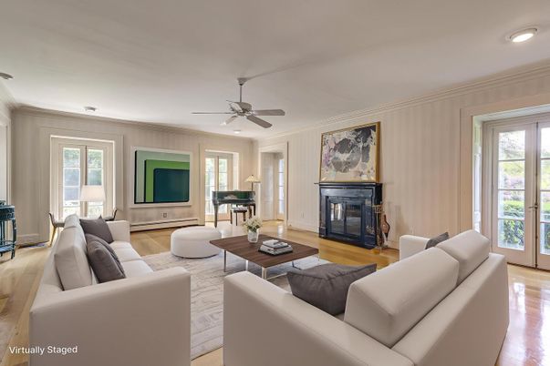 Fireplace, Interior, Living room, Piano, Recessed Lighting, Wood Texture Flooring