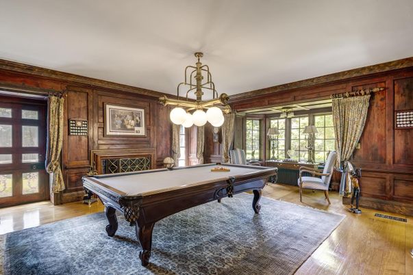 Billiard Table, Chandelier, Game Room, Interior, Pendant Lights, Wood Texture Flooring, Wooden Walls