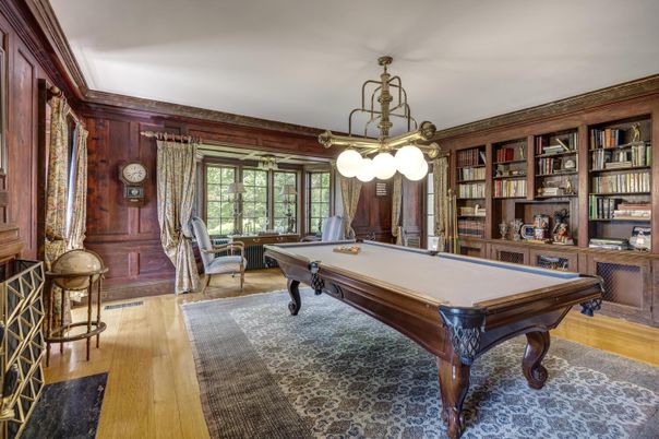 Billiard Table, Game Room, Interior, Pendant Lights, Wood Texture Flooring, Wooden Walls