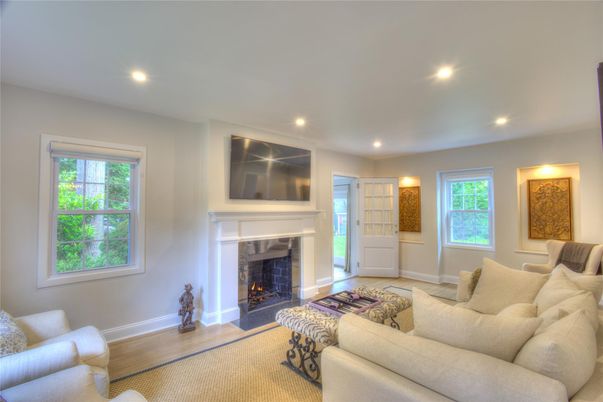 Fireplace, Interior, Living room, Recessed Lighting, Wood Texture Flooring