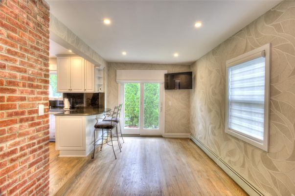Interior, Kitchen, Recessed Lighting, Stone Walls, Wood Texture Flooring
