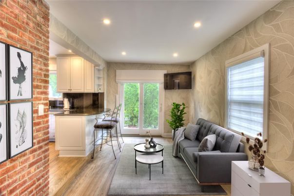 Interior, Kitchen, Living room, Recessed Lighting, Stone Walls, Wood Texture Flooring