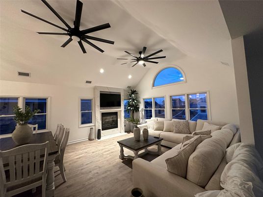 Dining room, Fireplace, Interior, Living room, Recessed Lighting, Wood Texture Flooring