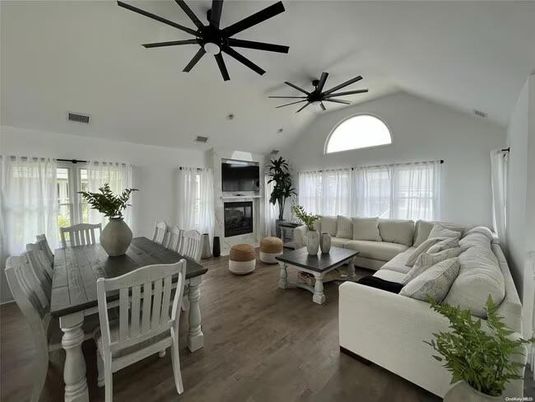 Dining room, Fireplace, Interior, Living room, Wood Texture Flooring