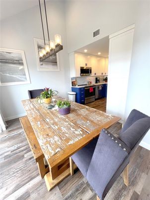 Dining room, Interior, Kitchen, Pendant Lights, Recessed Lighting, Wood Texture Flooring