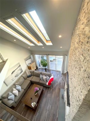 Interior, Living room, Recessed Lighting, Stone Walls, Wood Texture Flooring