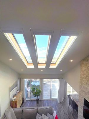 Fireplace, Glass Ceilings, Interior, Living room, Recessed Lighting, Wood Texture Flooring