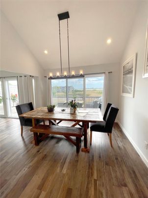 Dining room, Interior, Pendant Lights, Recessed Lighting, Wood Texture Flooring