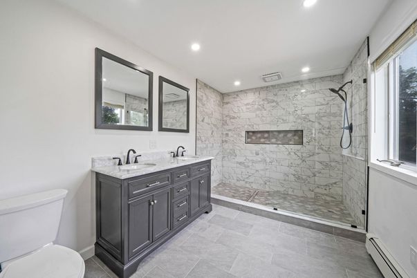 Bathroom, Dual Sink Vanities, Glass Shower, Interior, Marble Walls, Recessed Lighting