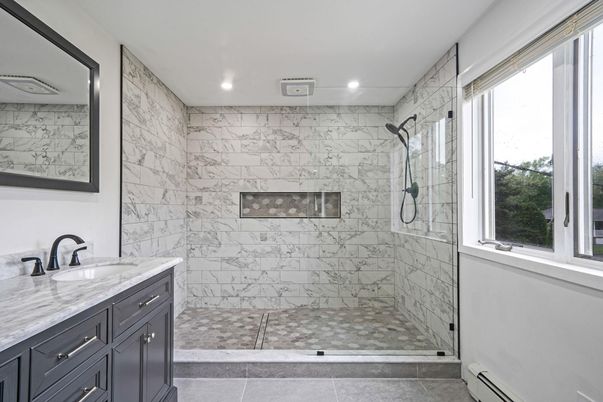 Bathroom, Glass Shower, Interior, Marble Walls, Recessed Lighting