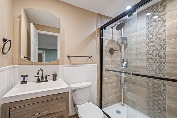 Bathroom, Glass Shower, Interior, Recessed Lighting