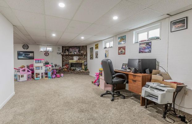 Fireplace, Home Office, Interior, Recessed Lighting, Stone Walls