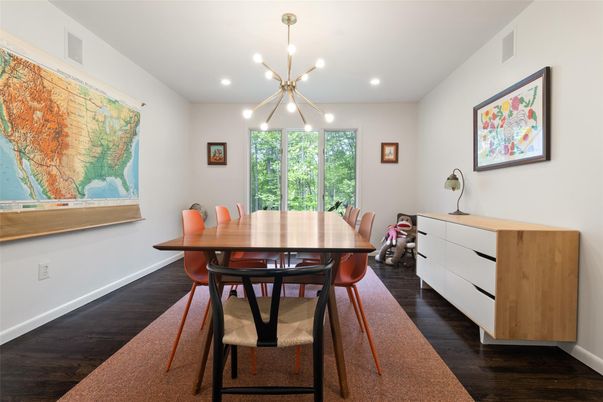 Dining room, Interior, Pendant Lights, Recessed Lighting, Wood Texture Flooring