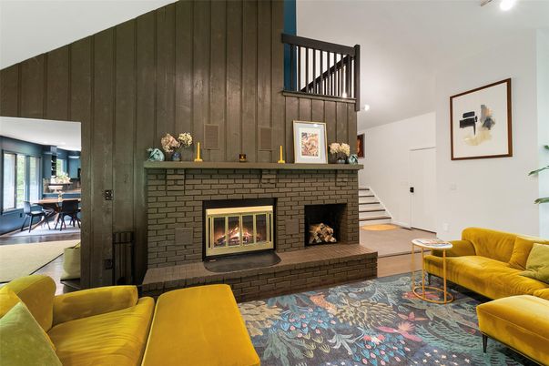 Dining room, Fireplace, Interior, Living room, Wood Texture Flooring