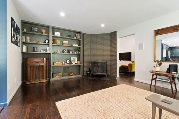 Fireplace, Interior, Recessed Lighting, Stone Walls, Wood Texture Flooring
