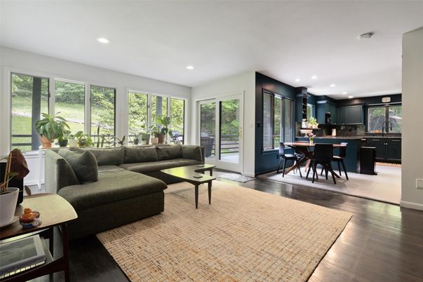 Dining room, Interior, Kitchen, Living room, Recessed Lighting, Wood Texture Flooring