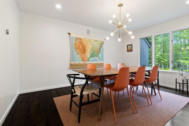 Dining room, Interior, Pendant Lights, Recessed Lighting, Wood Texture Flooring