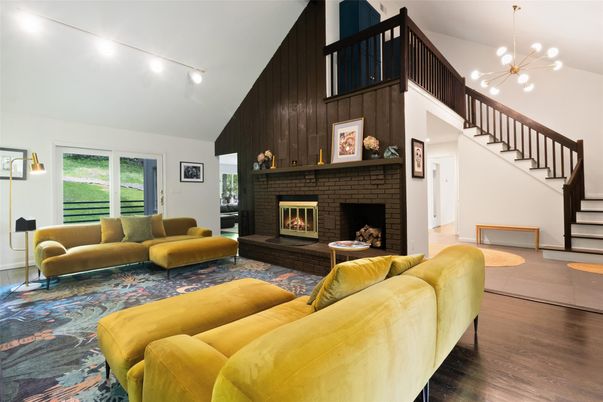 Fireplace, Interior, Living room, Pendant Lights, Wood Texture Flooring, Wooden Walls