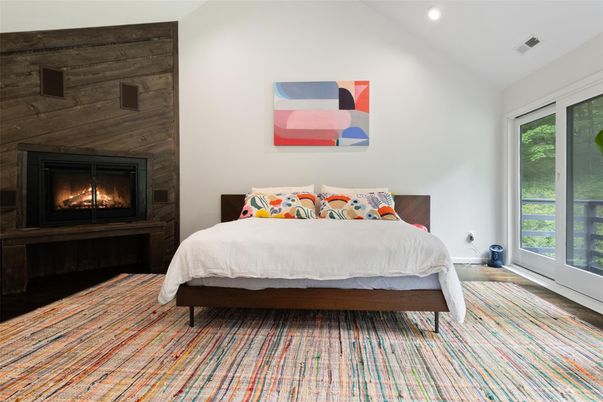 Bedroom, Fireplace, Interior, Recessed Lighting, Wooden Walls