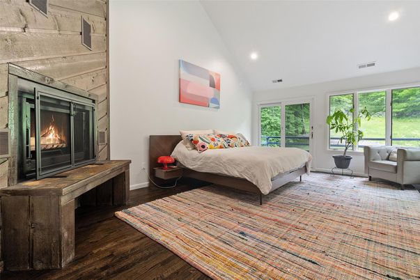 Bedroom, Fireplace, Interior, Recessed Lighting, Wood Texture Flooring