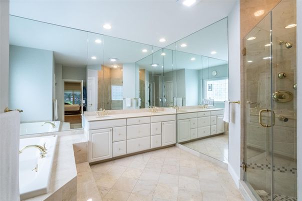 Bathroom, Dual Sink Vanities, Glass Shower, Interior, Recessed Lighting