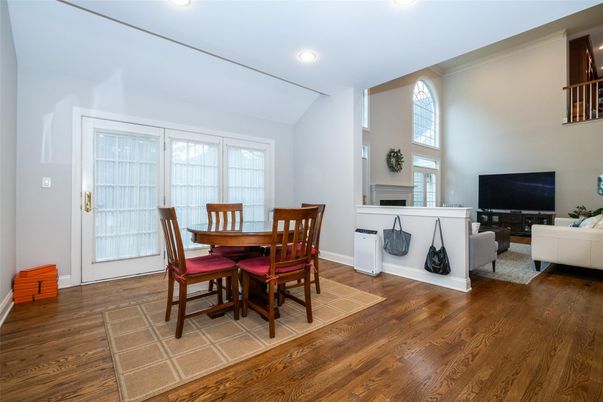Dining room, Interior, Living room, Recessed Lighting, Wood Texture Flooring