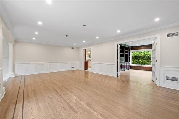 Empty room, Fireplace, Interior, Recessed Lighting, Wood Texture Flooring