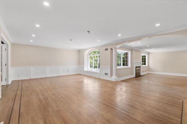 Empty room, Fireplace, Interior, Recessed Lighting, Wood Texture Flooring
