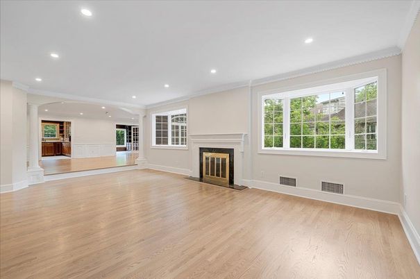 Empty room, Fireplace, Interior, Recessed Lighting, Wood Texture Flooring