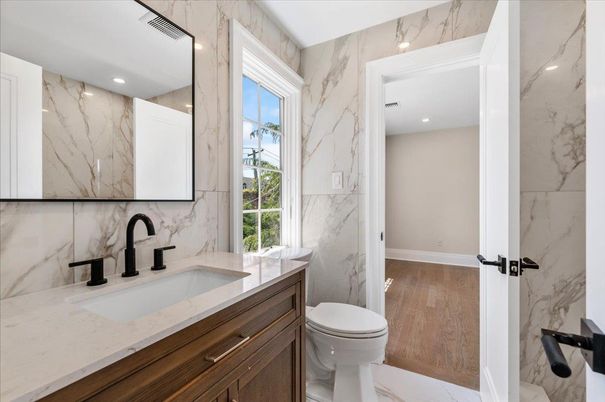 Bathroom, Interior, Marble, Marble Walls, Recessed Lighting, Wood Texture Flooring