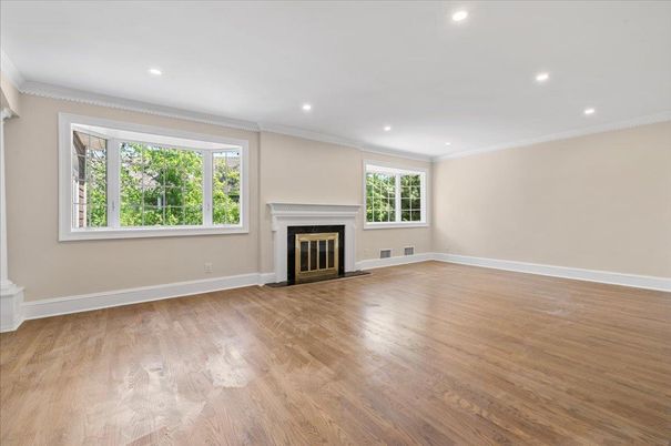 Empty room, Fireplace, Interior, Recessed Lighting, Wood Texture Flooring