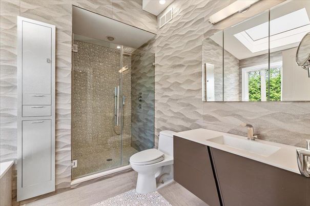 Bathroom, Glass Shower, Interior, Recessed Lighting, Wood Texture Flooring