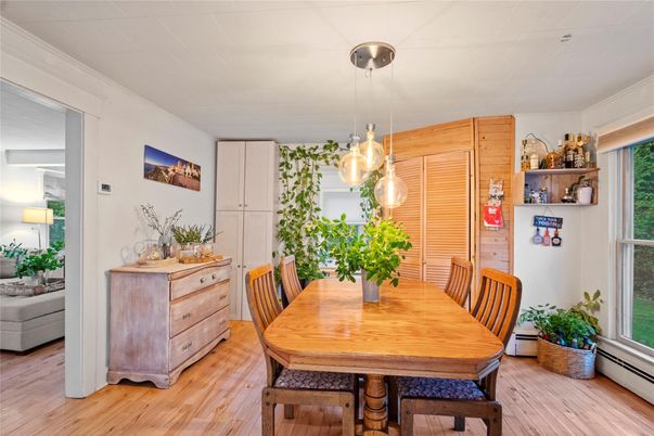 Dining room, Interior, Pendant Lights, Wood Texture Flooring