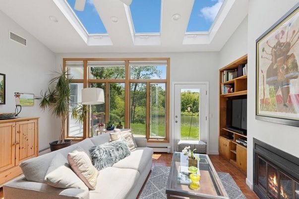 Fireplace, Glass Ceilings, Interior, Living room, Recessed Lighting, Sun Room, Wood Texture Flooring
