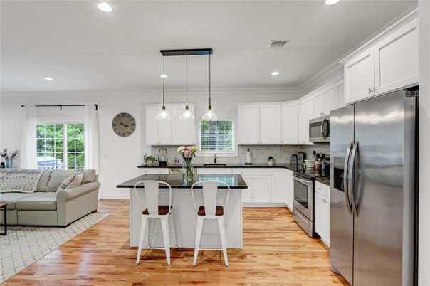 Interior, Kitchen, Pendant Lights, Recessed Lighting, Stainless Steel Appliances, Wood Texture Flooring