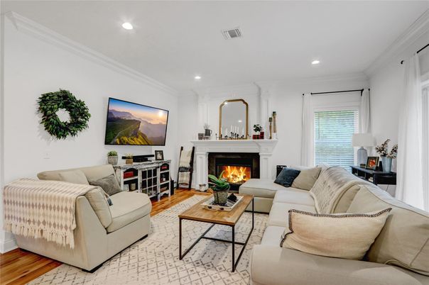 Fireplace, Interior, Living room, Recessed Lighting, Wood Texture Flooring