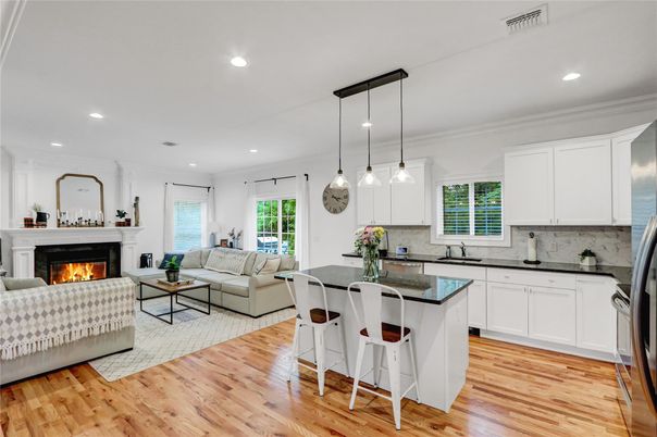 Fireplace, Interior, Kitchen, Living room, Pendant Lights, Recessed Lighting, Wood Texture Flooring