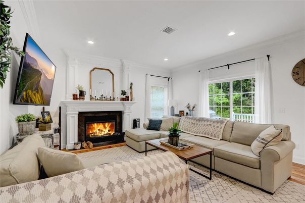 Fireplace, Interior, Living room, Recessed Lighting, Wood Texture Flooring
