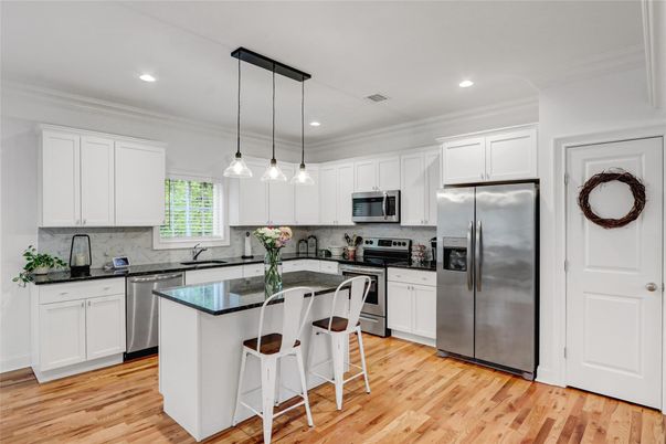 Interior, Kitchen, Pendant Lights, Recessed Lighting, Stainless Steel Appliances, Wood Texture Flooring