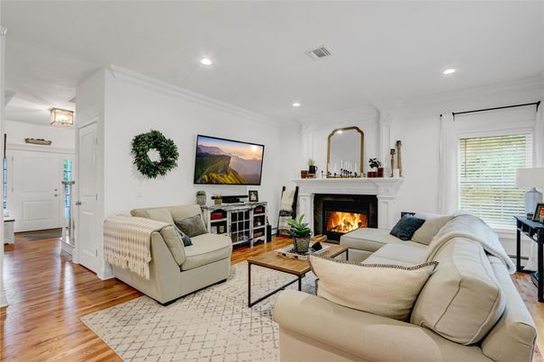 Fireplace, Interior, Living room, Recessed Lighting, Wood Texture Flooring