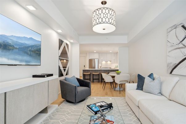 Dining room, Interior, Kitchen, Living room, Pendant Lights, Recessed Lighting, Stainless Steel Appliances, Wood Texture Flooring