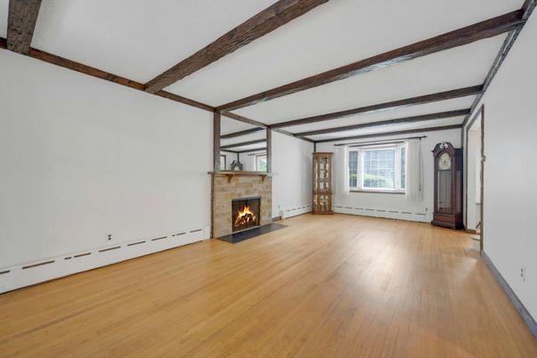Empty room, Fireplace, Interior, Wooden Beams, Wood Texture Flooring