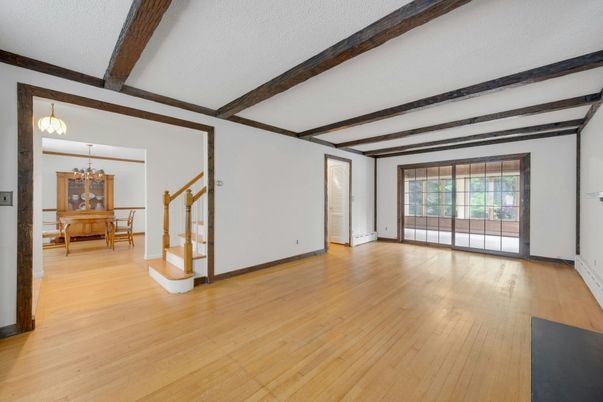 Chandelier, Dining room, Empty room, Interior, Wooden Beams, Wood Texture Flooring