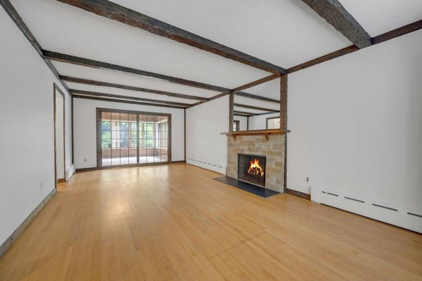 Empty room, Fireplace, Interior, Wooden Beams, Wood Texture Flooring