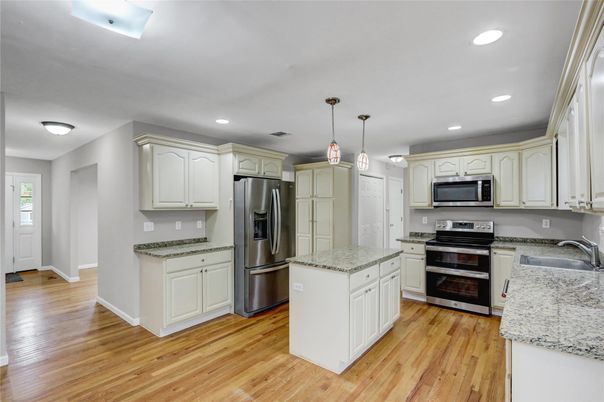 Interior, Kitchen, Pendant Lights, Recessed Lighting, Stainless Steel Appliances, Wood Texture Flooring