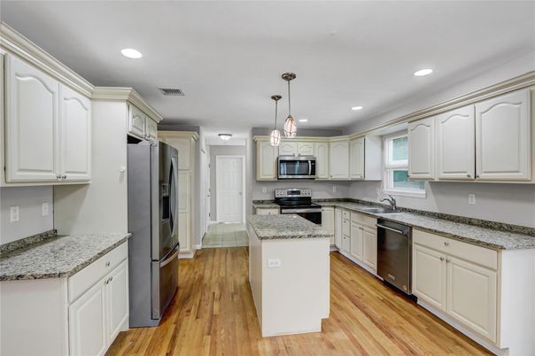 Interior, Kitchen, Pendant Lights, Recessed Lighting, Stainless Steel Appliances, Wood Texture Flooring