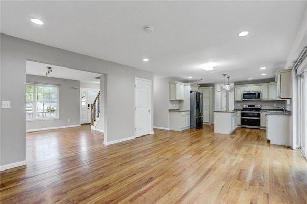Chandelier, Interior, Kitchen, Recessed Lighting, Stainless Steel Appliances, Wood Texture Flooring
