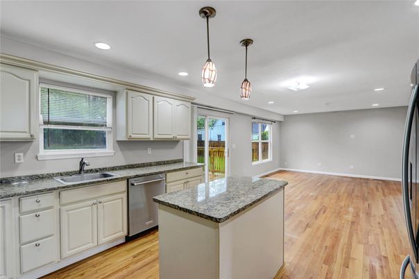Interior, Kitchen, Pendant Lights, Recessed Lighting, Wood Texture Flooring
