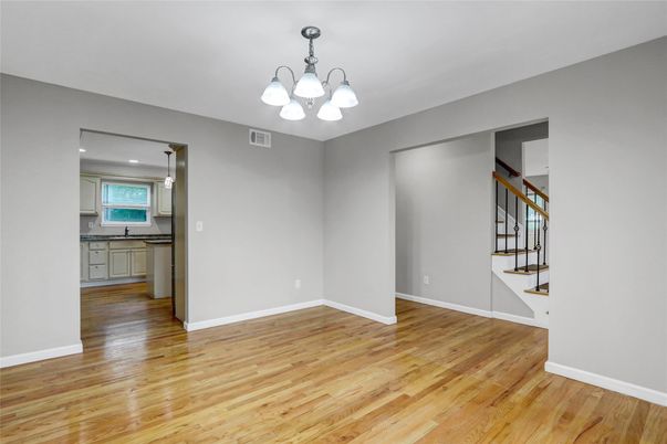 Chandelier, Empty room, Interior, Kitchen, Recessed Lighting, Wood Texture Flooring